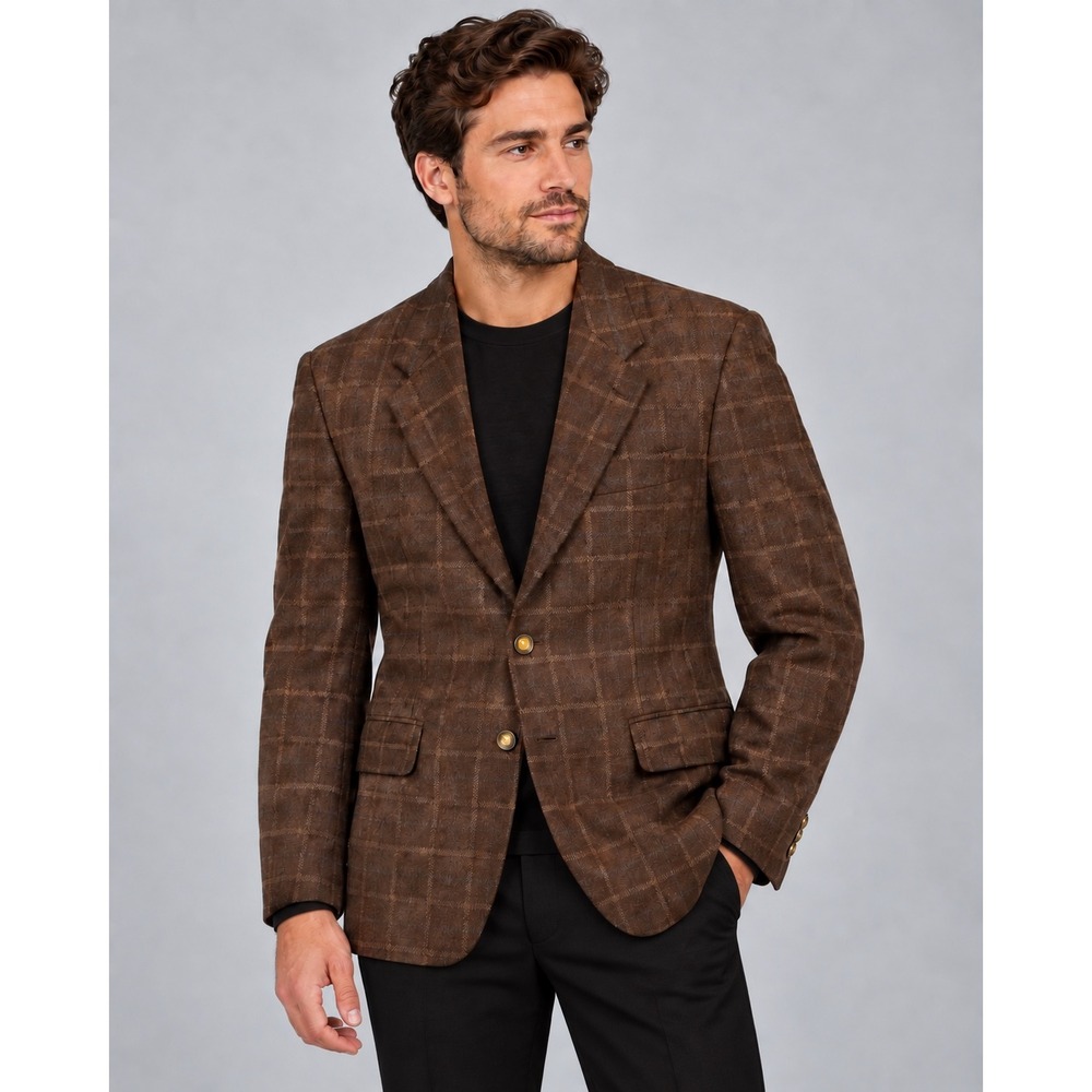 Trad Club Mens Brown Windowpane Blazer Goldentex Cashmere Wool Super 120s